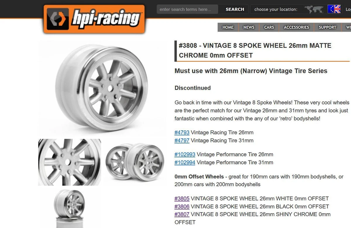 hpi3808 VINTAGE 8 SPOKE WHEEL 26mm MATTE CHROME 0mm OFFSET 1/10 On