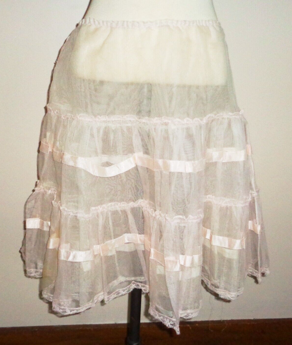 Vintage Pink Layered Lace Mesh Skirt Petticoat Slip Undergarment