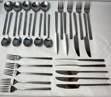 VINTAGE MONOGRAM 28 PIECE CUTLERY SET MODERNIST HAMMERED HANDLE DESIGN