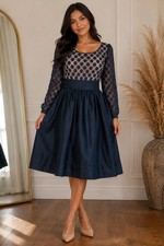 Eliza J Navy Mesh Polka Dot Top 3/4 Sleeve Dress Size 8