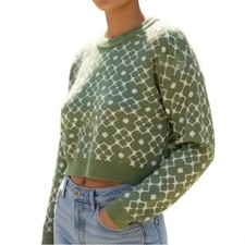 Hollister Sweater Women L Green Floral Cotton Knit Cropped Retro Cottagecore