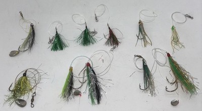 11 Fly Fishing Lures Vintage Salmon Hand Tied Multicolor Sparkle Green 3 Squid