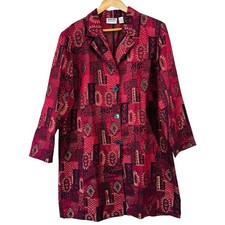 Chicos 2 Women Vintage Jacquard Blazer Jacket L Burgundy Silk Brocade Longline