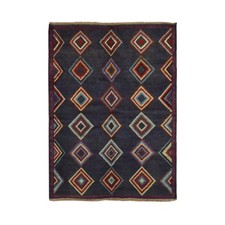 4'2"x5'7" Graphite Blue Afghan Balooch Geometric Design Hand Knotted Wool Rug
