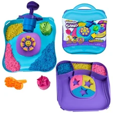 , SquishMotion with 1lb Pink, Yellow & Blue Play Sand, Stamper & 5 Tools, Sto...