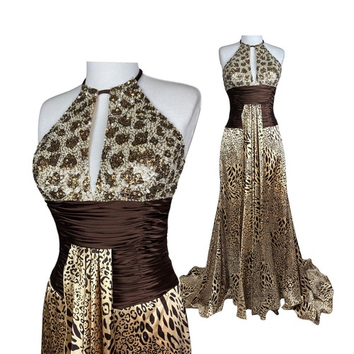 Vintage Y2K Leopard Sequin Halter Maxi Dress – Backless Animal Print Gown
