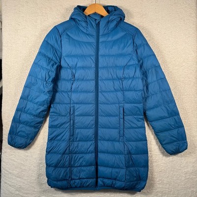 Valuker Damen lange Daunen Puffer Jacke M blau Kapuze leichter warmer Mantel