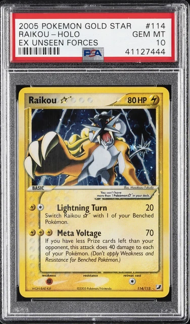 2005 POKEMON EX UNSEEN FORCES GOLD STAR #114 RAIKOU-HOLO PSA 10