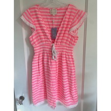 NWT Sail to Sable Pink White Stripe Swim Coverup Dress Crochet Lace Trim Size M