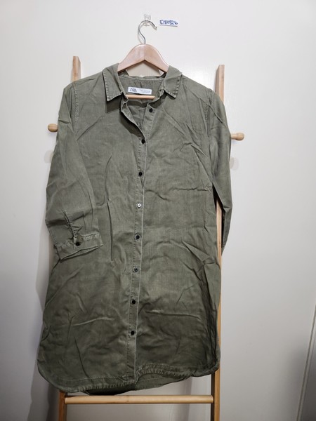Zara Khaki Green Button Up Shirt Dress Size S