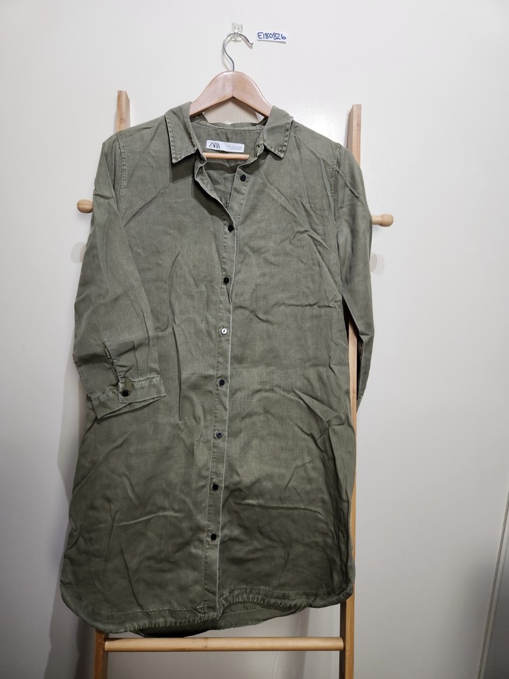Zara Khaki Green Button Up Shirt Dress Size S
