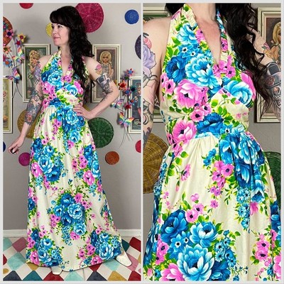 Vintage 1970s Floral Cotton Open Back Halter Maxi Dress | 26''-27'' Waist
