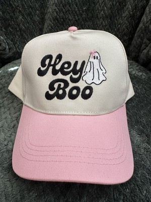 Hey Boo Ghost Halloween Emb Trucker Hat Cap Pink Lily Embroidered Snap Back