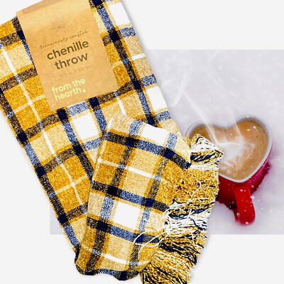 Gold White Chenille Plaid Cozy Couch/Bed Throw Blanket with Fringe 50 x 60  New