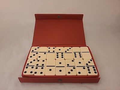 Vintage CARDINAL IVORY COLOR Beveled Edge Thick Dominos 28 Pcs RED VINYL Case 