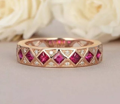 2Ct Princess Cut Lab Created Ruby Art Deco Vintage Ring 14K Yellow Gold Plated