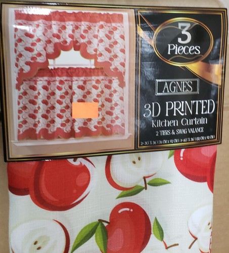 3pc Curtains Set:2 Tiers (30"x36") & Swag (60"x36") RED FULL & HALVES APPLES, ST - Picture 4 of 13