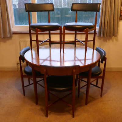 Vintage 1960s G Plan Extending Round Teak Dining Table & 6 Black Vinyl ...