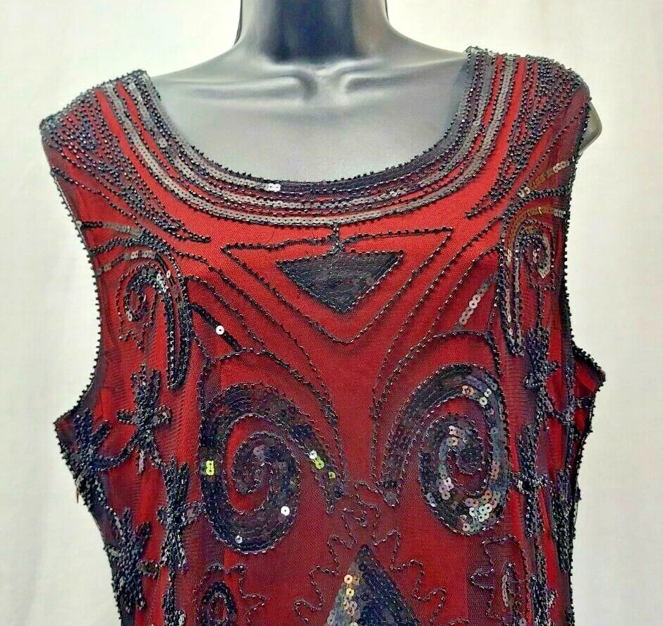 Gatsby Roaring 20s long black/Maroon Dinner Dress, Fringed swing strings, L/LX - Image 2 of 4