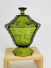 Anchor Hocking Vintage Green Avocado Grapes Leaves Octagon Candy Dish w/Lid 7.5"