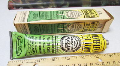 vintage 1920s Neverleak Tire fluid NEW in original box, fantastic graphics!