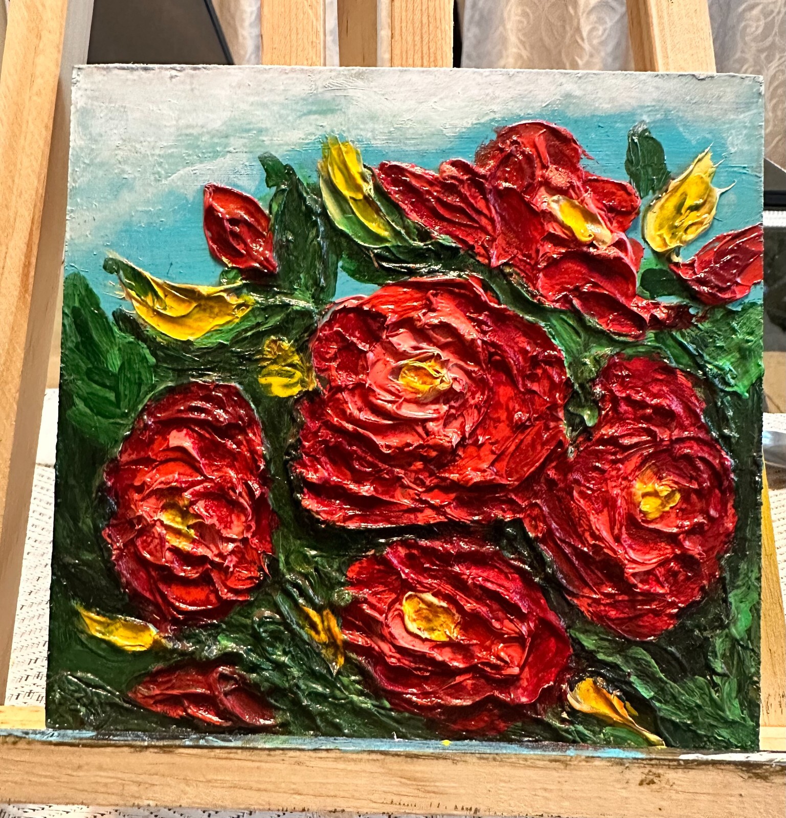 Oil Painting Red Roses Floral Art on Panel 3 D Impasto Image 15x15 cm 6x6 inches
