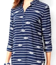 Talbots Small Navy Blue White Nautical Rope Print Roll Tab Sleeve Blouse Rayon