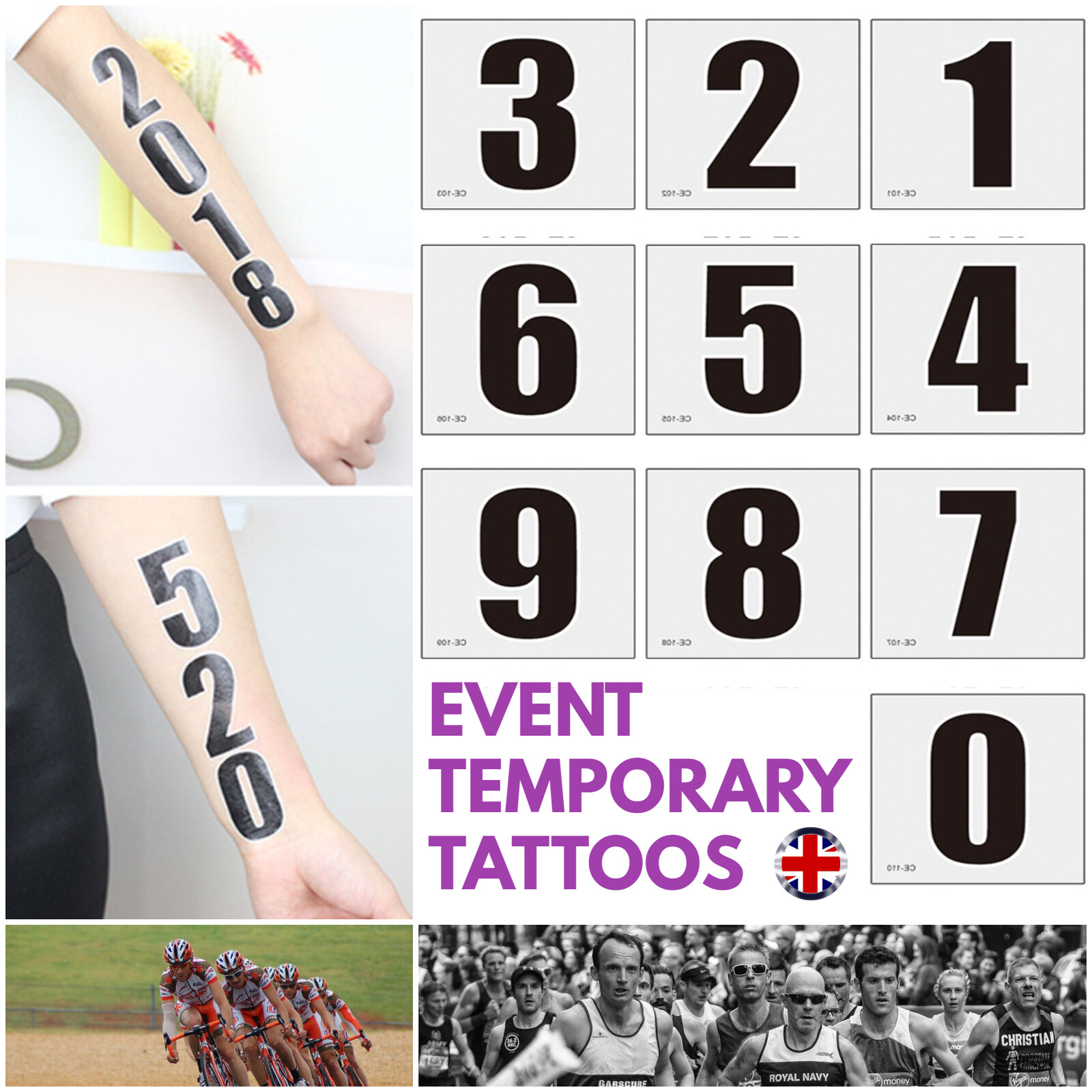 Number Temporary Tattoos Event Race Marathon Triathalon Runners Cycling