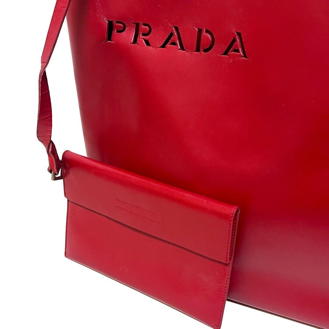 PRADA Tote Bag Hand Bag Punching Logo Leather Red Pouch Auth