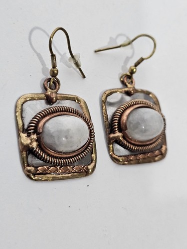 Mixed Metal Oval Rainbow Moonstone Earrings, Copper Brass Metal - Picture 2 of 10