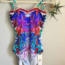 Gottex One Piece Bandeau Swimsuit | Vivid Paisley Print | Adjustable Straps| Sz8