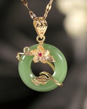 Gold & Jade Peace Buckle Necklace With Lotus Flower  - Green Jewellery