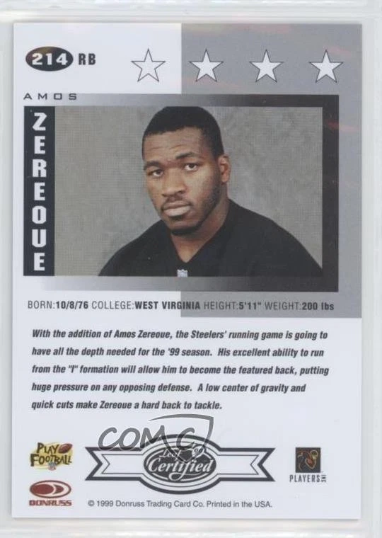 1999 Leaf Certified Amos Zereoue #214 Rookie RC - Image 2 of 2