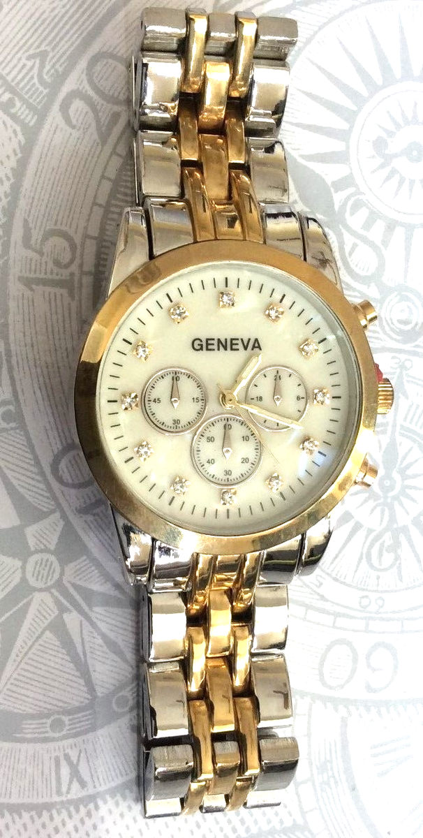 Geneva Two-Tone Men's Watch Round Mother of Pearl Dial Crystal