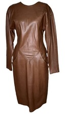 FIRENZE Vintage Genuine Leather Chocolate Brown Midi Dress Sculptural Size M