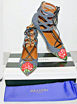 Aquazzura AUTHENTIC Belgravia Lotus lace-up denim point-toe flats US 7 /37  $795
