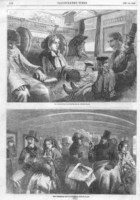 Erste & zweite Klasse im Weihnachtsausflugszug - antiker Druck 1859