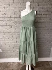 Women Sage Green Smocked One Shoulder Tiered Dress Size M