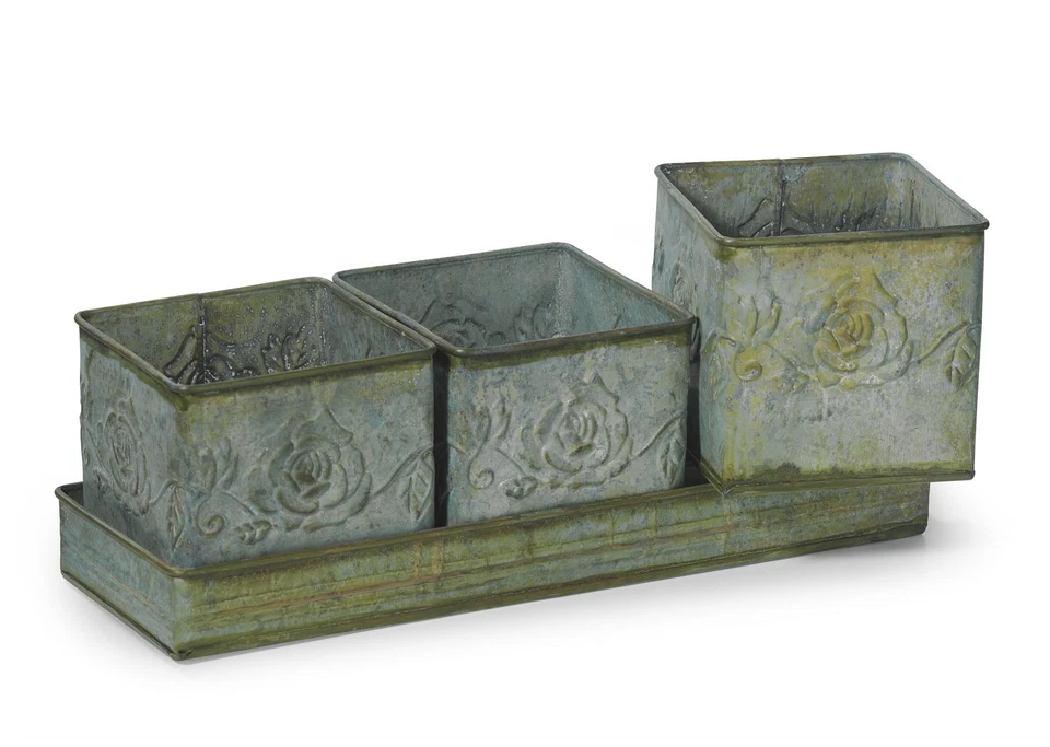Pflanzschale Tablett Übertopf Töpfe 4er Set Metall Shabby Landhaus Rosen Garten - Bild 1 von 4
