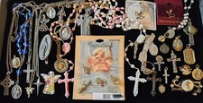 Vintage Mixed Lot Religious Cross Necklace, Charm, Medals, Rosaries Pendant 37pc