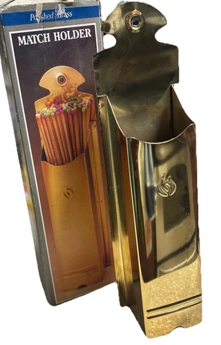 Solid Brass Fireplace Matchstick Wall Holder 13” Tall Flame Embellish W Box