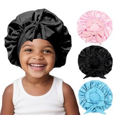 3 Pcs Kids Silk Bonnet for Sleeping - Baby 5-8 Year, Pink black light Blue