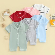 Baby Pajamas Rompers Turn-Down Collar Short Sleeve Infant Bodysuits 0-24M