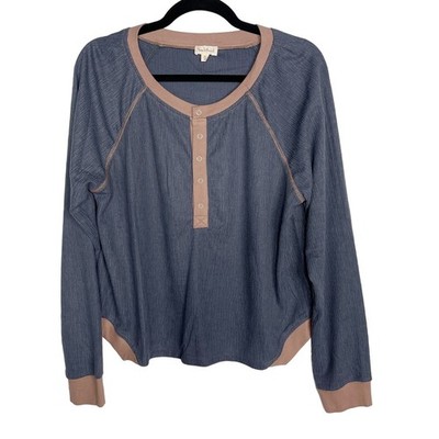 New Hem & Thread Large L Blue Pink Denim Blue Textured Boxy Henley Long Sleeve