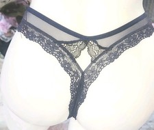 Victorias secret Rare Vintage Thong   S Navy Blue Satin Lace String Tiny Sheer