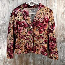 Coldwater Creek Floral Tweed Blazer Jacket Tan Orange Berry Floral Fall Colors M