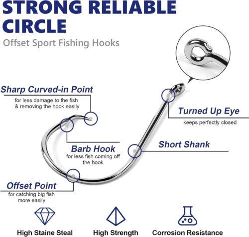Circle Hooks 2X Strong Offset Circle Hooks Saltwater Black High Carbon Steel ... - Picture 3 of 8