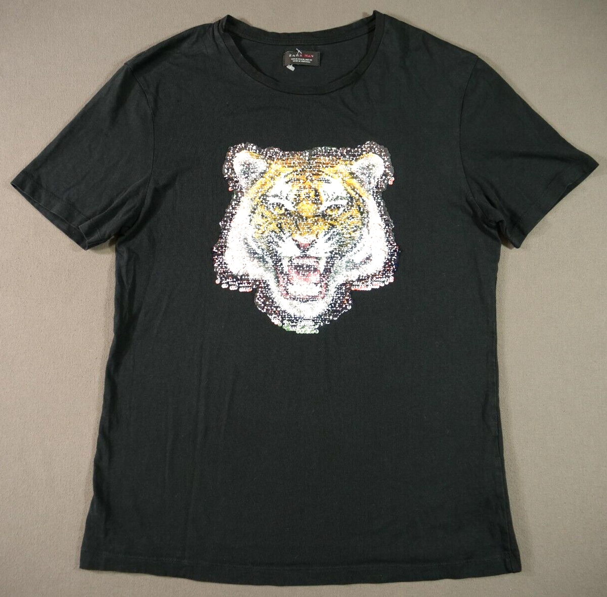 ZARA Man Shirt Tee Mens Medium Black Sequin Skull Tiger Crew