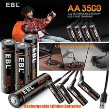 EBL 1.5V USB-C Rechargeable AA Lithium Batteries 3500mWh Double A Battery LOT
