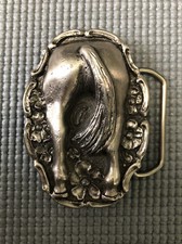 Vintage Western Horseback Flower Chrome Metal Belt Buckle No.1167 Made In USA